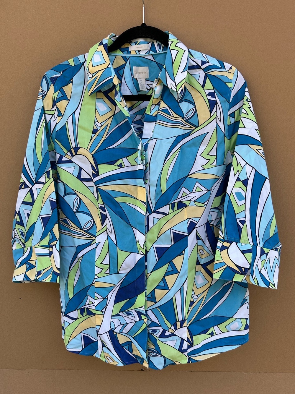 Chico’s Abstract Geometric Button Up Shirt Tropical Bold Women’s 2 Blue Green